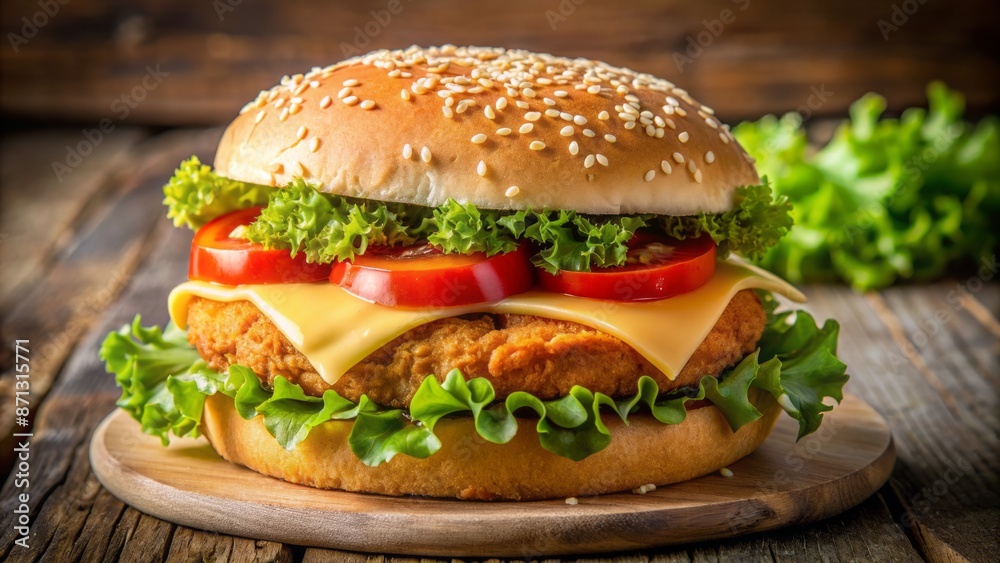Golden-brown crispy chicken patty on toasted sesame seed bun topped with crunchy lettuce, juicy tomato, and melted cheese slice. Golden-brown crispy chicken patty on toasted sesame seed bun topped with crunchy lettuce, juicy tomato, and melted cheese slice.