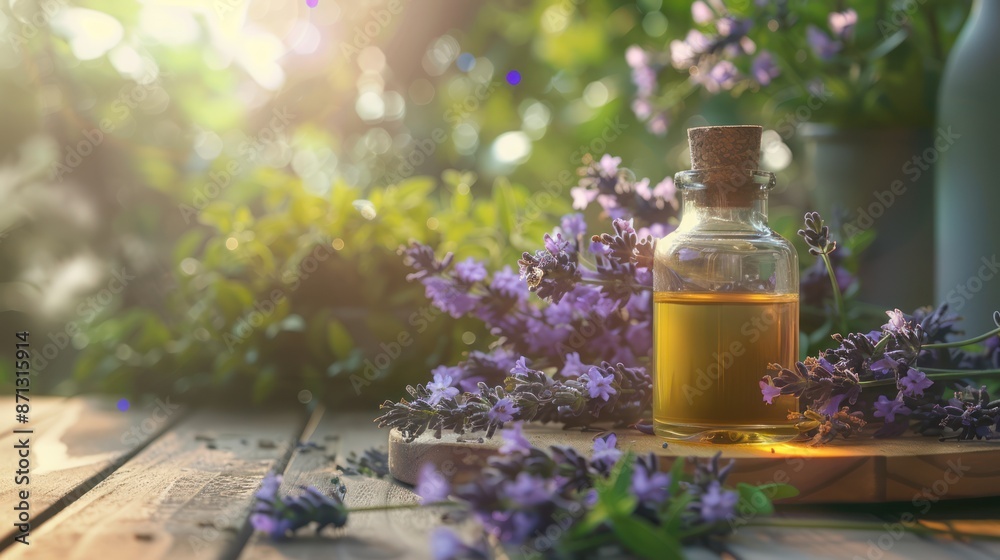 Lavender Essential Oil in a Glass Bottle on a Wooden Surface Lavender Essential Oil in a Glass Bottle on a Wooden Surface