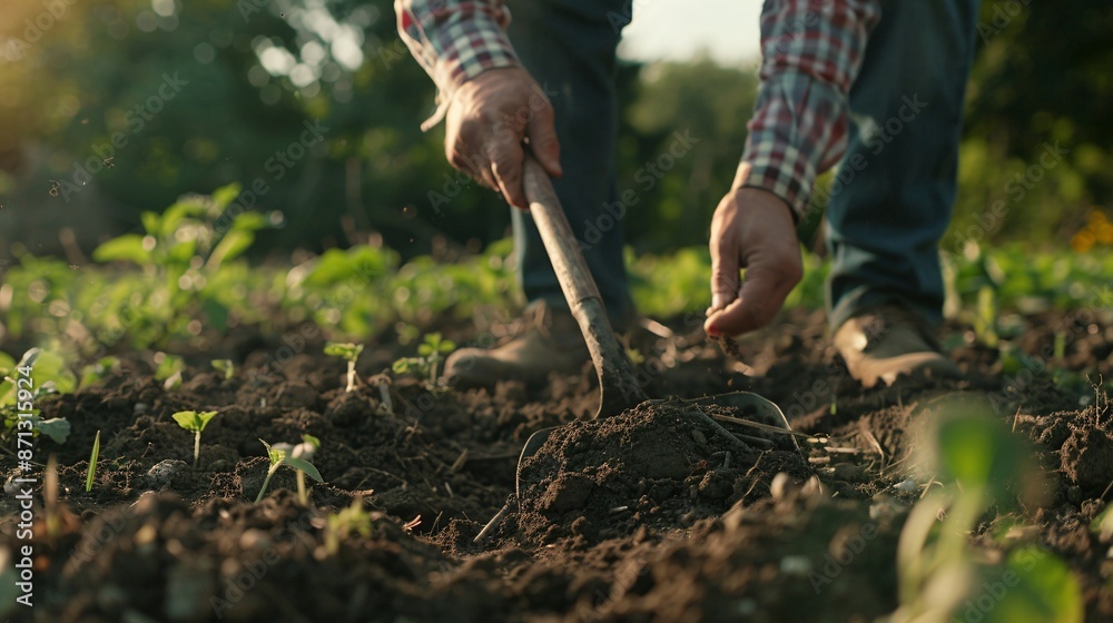 Worker digs the black soil with shovel in the vegetable garden, man loosens dirt in the farmland, agriculture and tough work concept
Worker digs the black soil with shovel in the vegetable garden, man loosens dirt in the farmland, agriculture and tough work concept