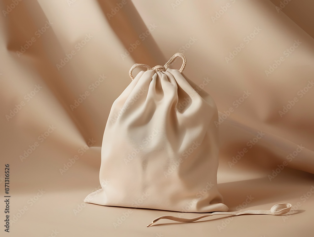 Beige Drawstring Pouch on a Smooth Tan Surface Beige Drawstring Pouch on a Smooth Tan Surface