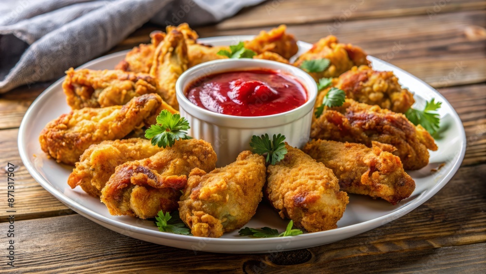 A Plate Of Delicious Crispy Fried Chicken Wings With A Bowl Of Red Sauce For Dipping. A Plate Of Delicious Crispy Fried Chicken Wings With A Bowl Of Red Sauce For Dipping.
