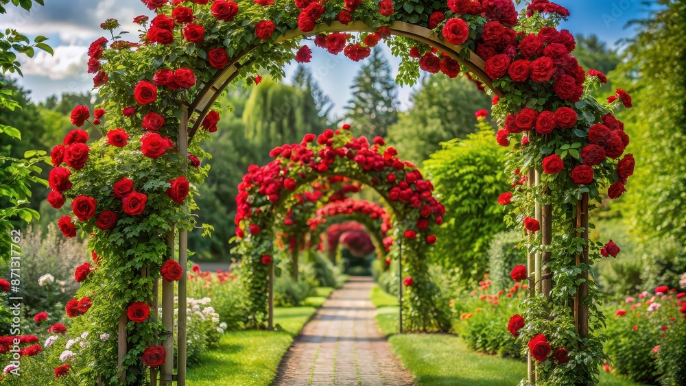 Naklejka premium Romantic red rose archway in a lush garden setting, roses, red, romantic, archway, garden, floral, blooming, beautiful