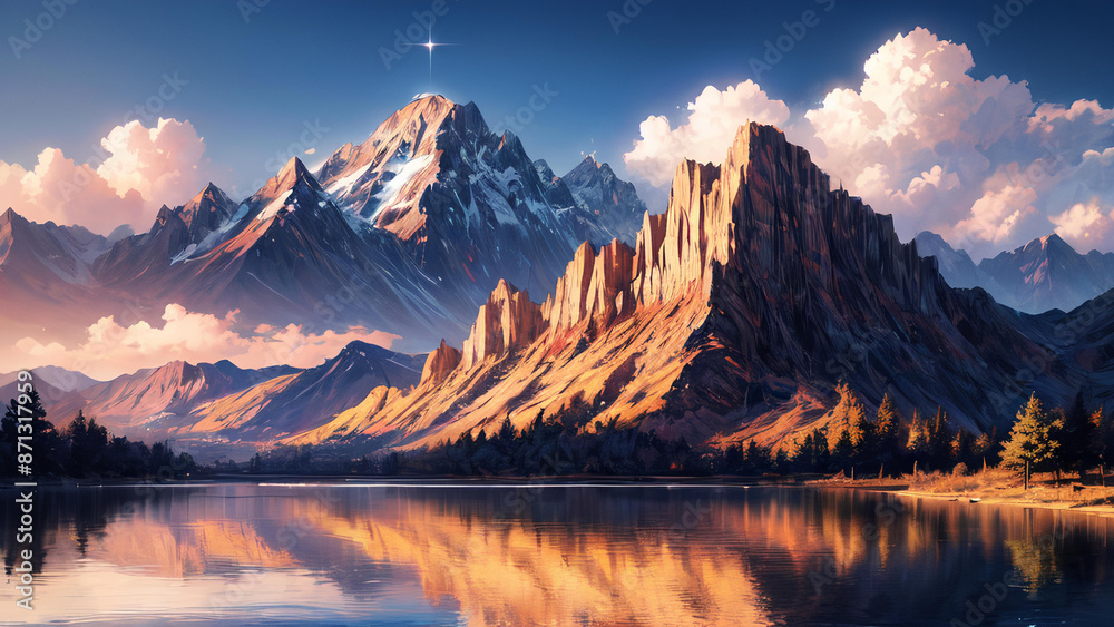 Obraz premium Watercolor Lake Scenery Landscape 