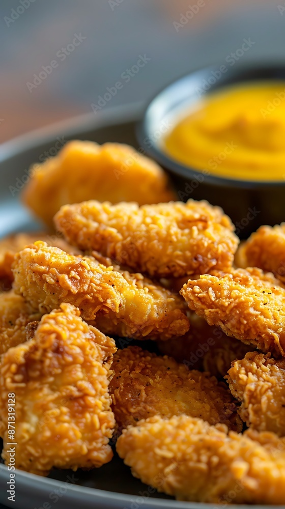 Close-up of Crispy Fried Chicken Nuggets with Mustard Dipping Sauce Close-up of Crispy Fried Chicken Nuggets with Mustard Dipping Sauce