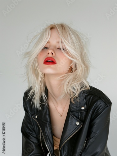 Woman in Black Leather Jacket with Red Lips.
