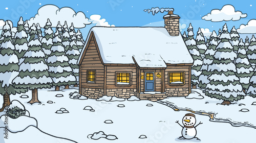 Cozy Snow-Covered Cabin in Winter Forest with Snowman and Glowing Windows