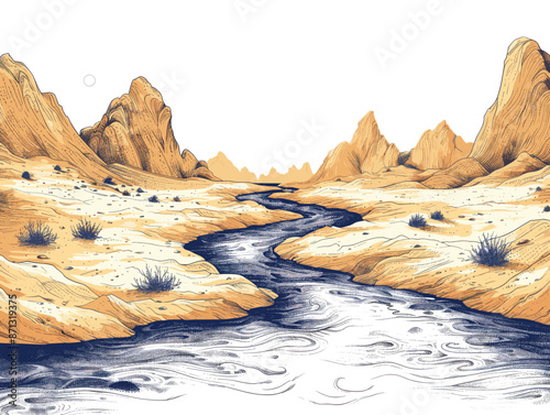 Serene Desert Landscape with Winding River and Sandstone Formations Under Clear Sky