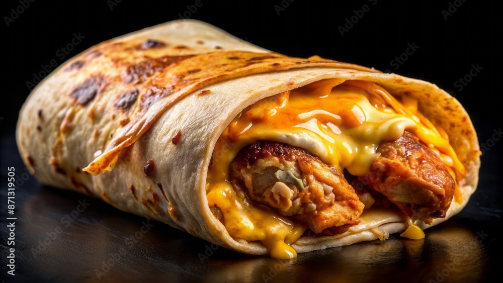 Isolated, mouthwatering, golden-brown burrito overflowing with melted cheese, served alongside a juicy, perfectly cooked chicken drumstick on black background. Isolated, mouthwatering, golden-brown burrito overflowing with melted cheese, served alongside a juicy, perfectly cooked chicken drumstick on black background.