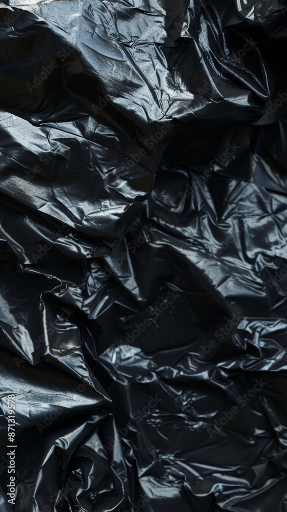 Close-up of crumpled black shiny plastic material Close-up of crumpled black shiny plastic material