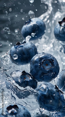 Fresh blueberries splashing into water, close-up view. Refreshing and healthy food concept