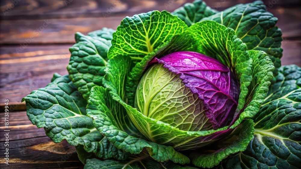 Fototapeta premium Fresh and vibrant head of cabbage , vegetable, healthy, green, leafy, organic, farm, produce, cooking ingredient, garden