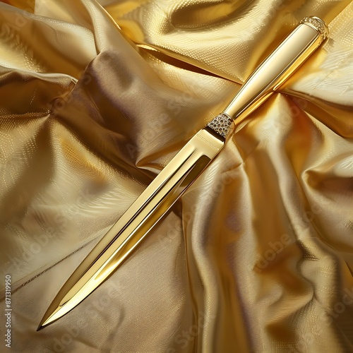 A golden letter opener lying on a gold background, with the blade catching the light. The sleek design and polished finish exude sophistication and elegance.