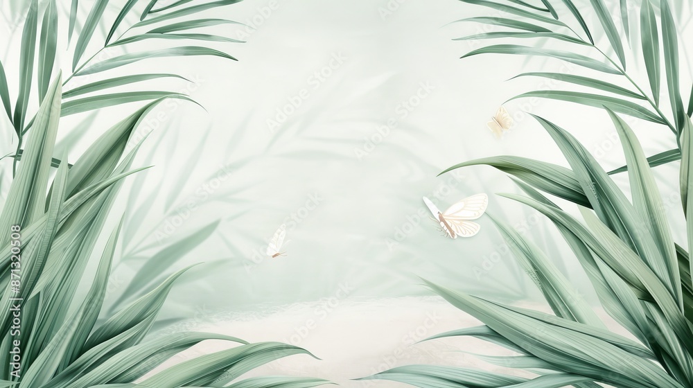 Fototapeta premium Sugar bags amid lush green sugar cane, butterflies fluttering, showcasing a fresh, natural setting, detailed and vibrant