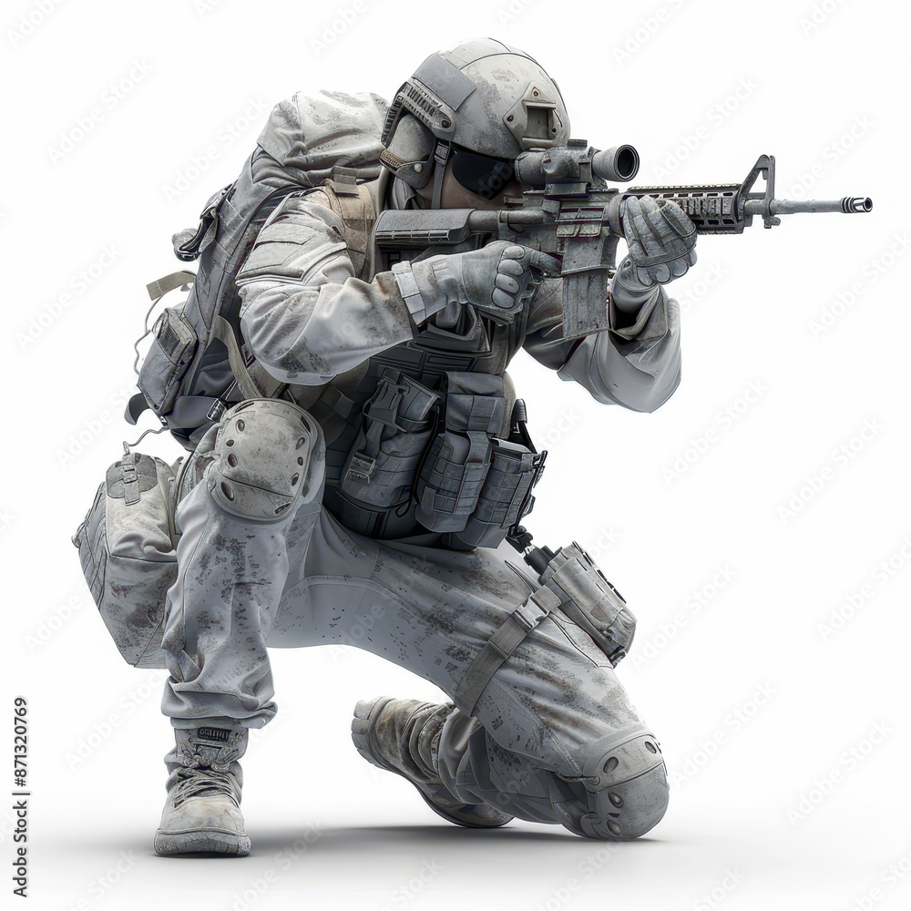 A soldier in a white uniform is crouching down and holding a rifle A soldier in a white uniform is crouching down and holding a rifle
