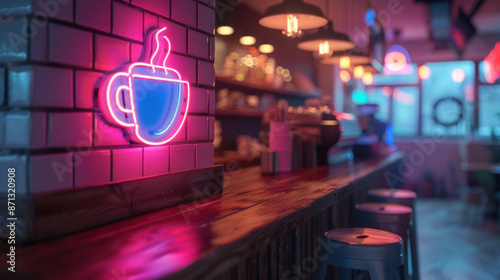 Vibrant neon coffee cup sign glowing on a brick wall in a trendy cafe interior. Concept of nightlife, urban hangout, coffee shop aesthetic. photo