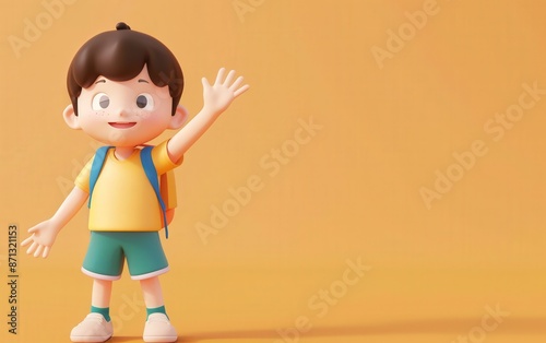 A cheerful cartoon boy with a backpack waves hello against a bright orange background.