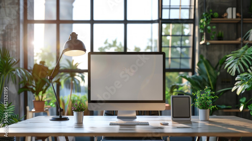 Modern home office desk setup with computer, blank screen mockup, lamp, tablet and plants. Minimalist workspace interior design.