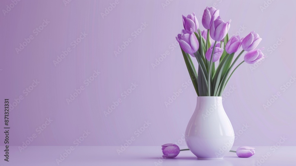 Lilac Tulips in a White Vase on a Purple Background