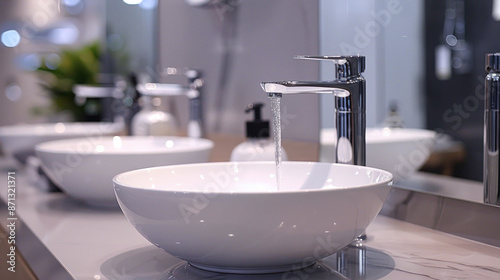 Modern Bathroom Sink with Running Water, concept of hygiene, cleanliness and water conservation