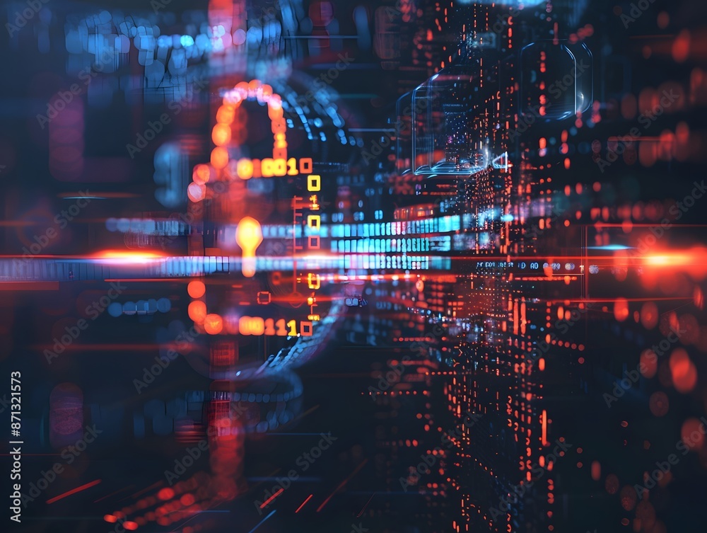 Fototapeta premium Cybersecurity concept with digital lock and binary code., clean background, Photo stock style, clean background, no copyrighted logo, no letters