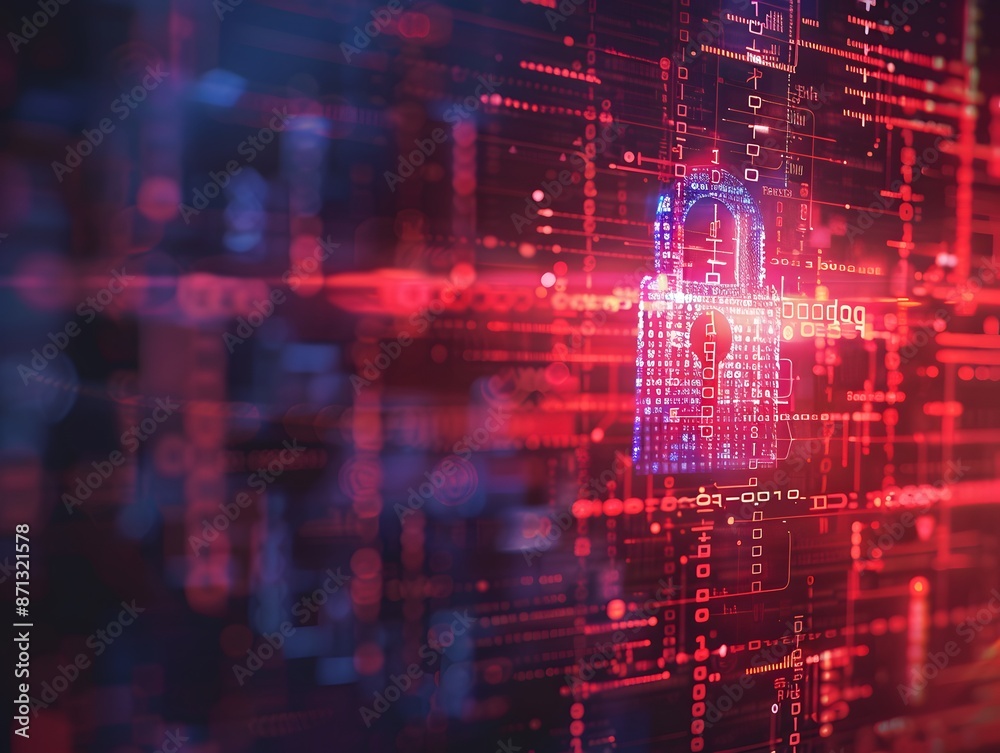 Cybersecurity concept with digital lock and binary code., clean background, Photo stock style, clean background, no copyrighted logo, no letters