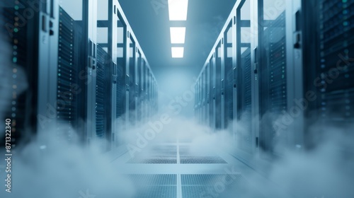 Organized data server system with data boxes, pristine room, smoke backdrop adding a mysterious ambiance, detailed and futuristic