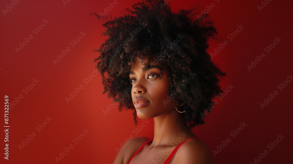 Portrait of a beautiful young woman with curly hair against a red background. Portrait of a beautiful young woman with curly hair against a red background.