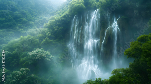 Mystical Sunlit Waterfall Amidst Lush Greenery © slonme