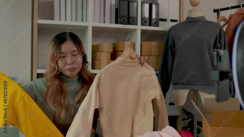 entrepreneur is selling clothes via live broadcast and trying to answer about detail of product to customer, marketing of getting customer to shopping online is live consistency in live broadcasting entrepreneur is selling clothes via live broadcast and trying to answer about detail of product to customer, marketing of getting customer to shopping online is live consistency in live broadcasting