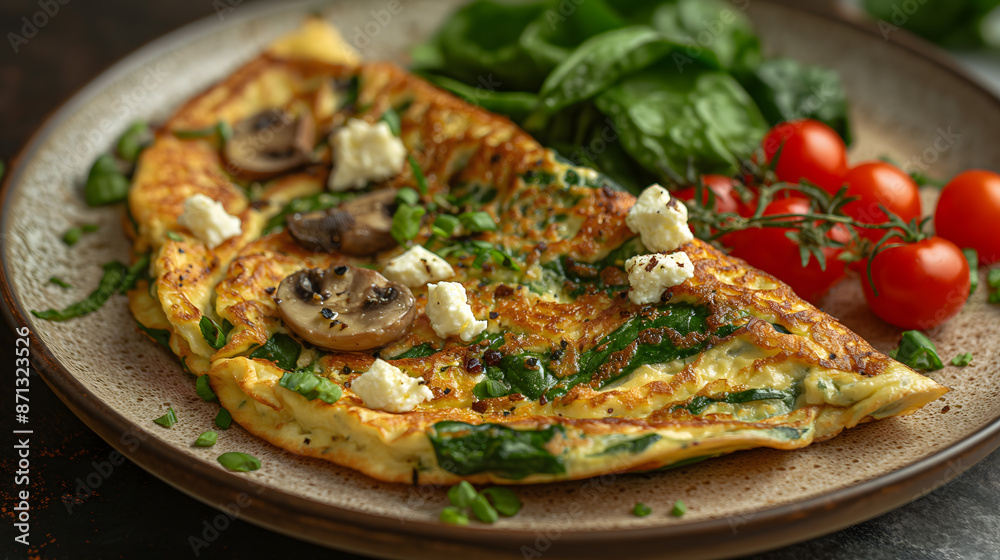 Delicious Homemade Spinach and Mushroom Omelette on a Plate Delicious Homemade Spinach and Mushroom Omelette on a Plate
