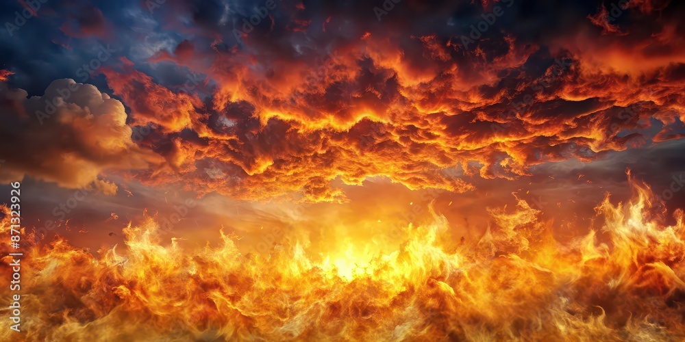 Burning fire in the sky , flames, inferno, sunset, dramatic, intense, heat, glow, sky, orange, red, yellow, nature, horizon Burning fire in the sky , flames, inferno, sunset, dramatic, intense, heat, glow, sky, orange, red, yellow, nature, horizon