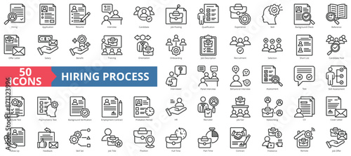Hiring process icon collection set. Containing application, resume, interview, candidate, job posting, qualification, experience icon. Simple line vector.