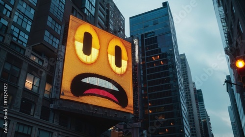 Surprised Emoji on a Digital Billboard in a City for Urban Advertising and Marketing