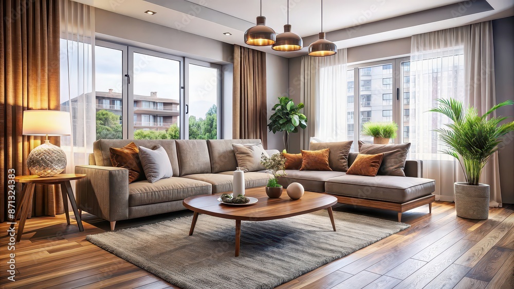 Fototapeta premium Cozy modern living room interior with plush furniture and natural light, cozy, modern, living room, interior, plush