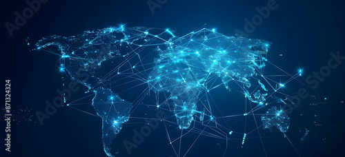 Abstract digital world map, concept of global network and connectivity, artificial general intelligence, high speed data transfer and cyber technology, information exchange and telecommunication