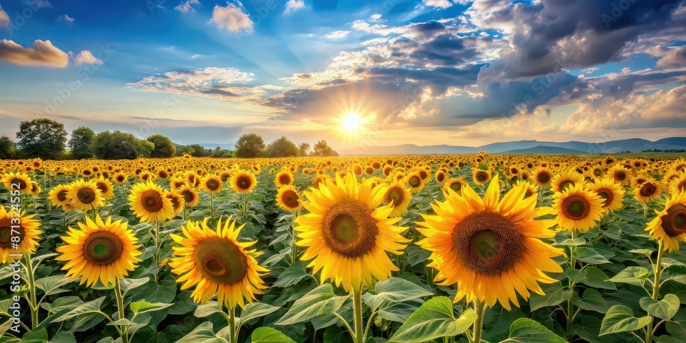 Fototapeta premium Beautiful landscape photo featuring a field full of sunflowers, nature, sunflowers, yellow, summer, vibrant, flora, agricultural