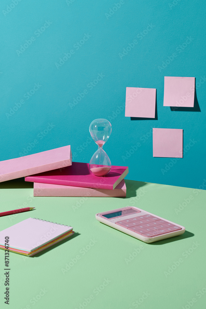  Pink hourglass, notebook, pen on flat surface.