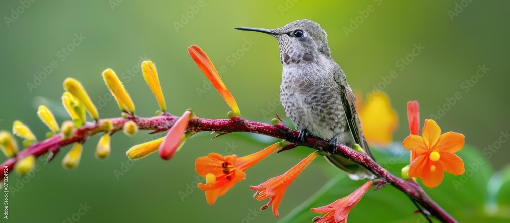 Fototapeta premium Hummingbird perched on branch with colorful flowers. Tiny bird, nature, wildlife photography