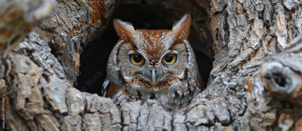 Close-up of Screech Owl peering from a tree hollow Close-up of Screech Owl peering from a tree hollow