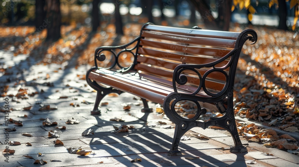 Park bench on paved path with fallen autumn leaves, natural scenery concept Park bench on paved path with fallen autumn leaves, natural scenery concept