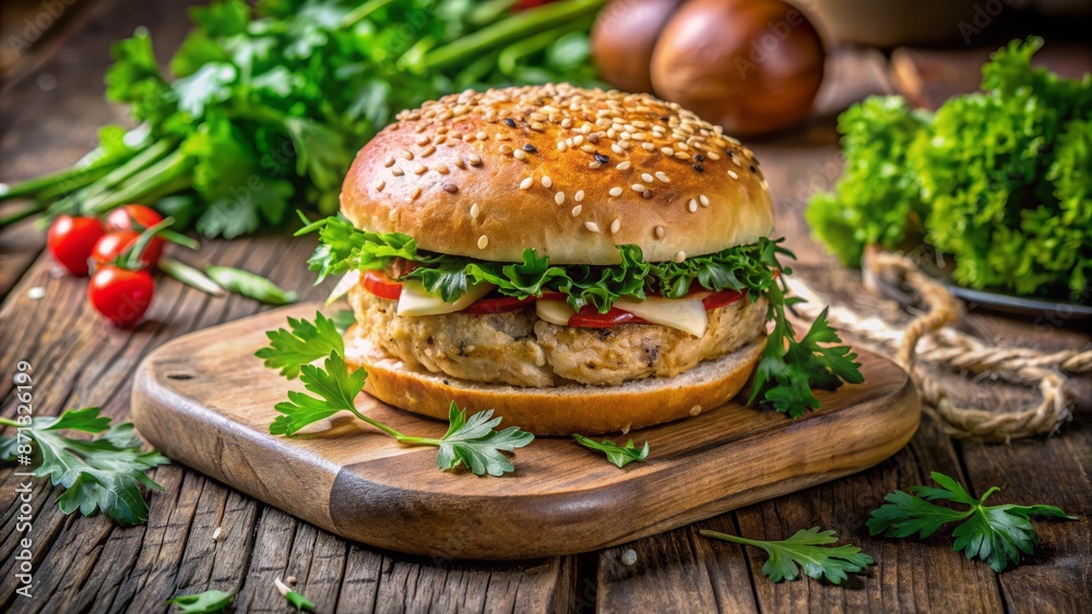 Juicy homemade chicken and coriander patty on a rustic wooden board with fresh herbs and subtle sesame seeds surrounding it. Juicy homemade chicken and coriander patty on a rustic wooden board with fresh herbs and subtle sesame seeds surrounding it.