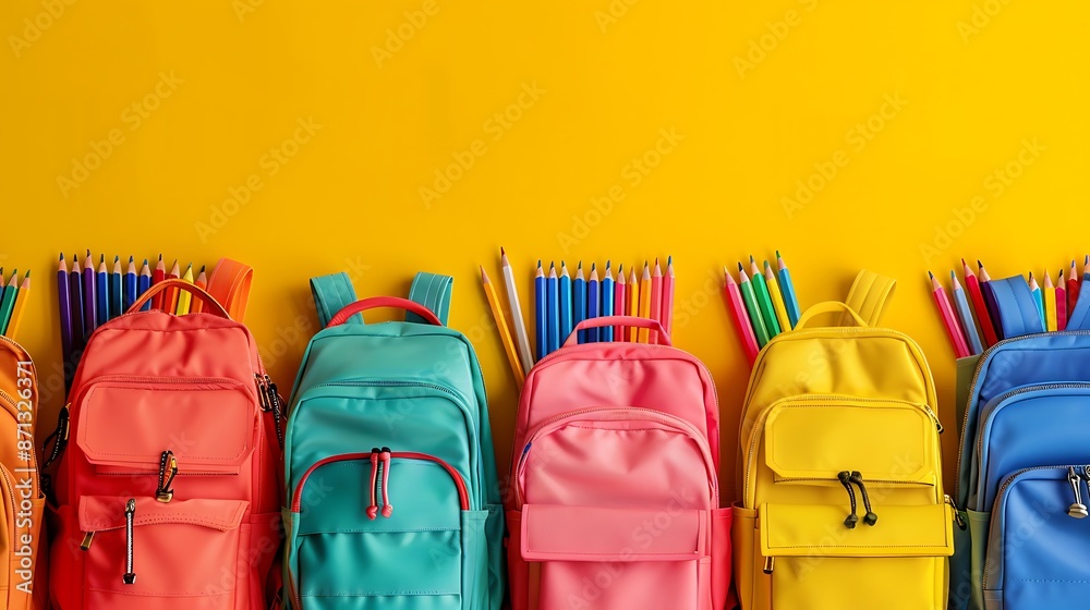 Colorful Backpacks with Pencils on Yellow Background Colorful Backpacks with Pencils on Yellow Background