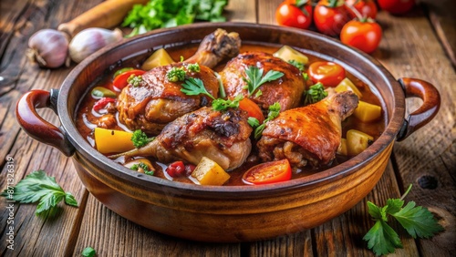 Juicy stewed chicken drumsticks and thighs surrounded by colorful vegetables in rich savory brown sauce in a rustic clay pot.
