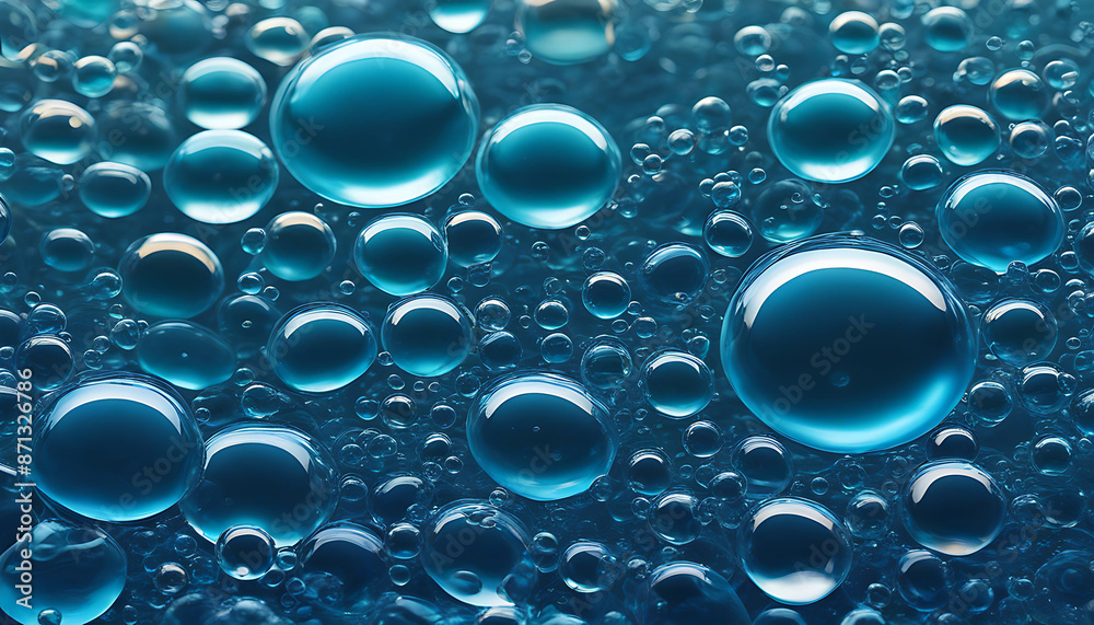 Close-up macro photo of water droplets on a blue surface, showcasing their spherical shapes and reflective properties Close-up macro photo of water droplets on a blue surface, showcasing their spherical shapes and reflective properties