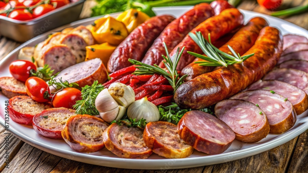 Vibrant close-up of savory meat and sausage platter, expertly cooked and arranged on a crisp white plate, bursting with flavor. Vibrant close-up of savory meat and sausage platter, expertly cooked and arranged on a crisp white plate, bursting with flavor.