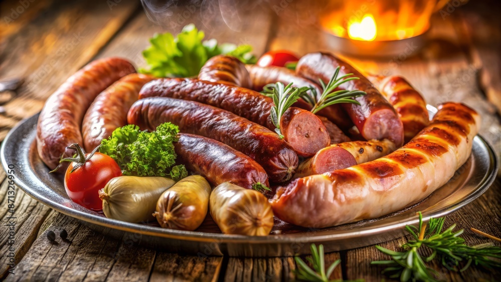 Savory closeup of juicy meat and sausages, perfectly arranged on a gleaming plate, illuminated by warm and inviting bright lighting. Savory closeup of juicy meat and sausages, perfectly arranged on a gleaming plate, illuminated by warm and inviting bright lighting.