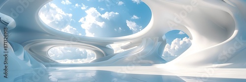 3d render surreal white minimal architecture background with geometric shapes, abstract fantastic design , landmark futuristic panoramic, futuristic scene with copy space, blue sky and cloudy
