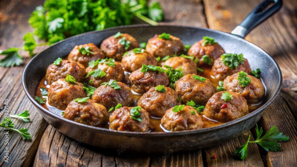 Savory meatballs sizzling in a pan, generously sprinkled with fresh green parsley, exuding appetizing aromas and flavors for a satisfying meal. Savory meatballs sizzling in a pan, generously sprinkled with fresh green parsley, exuding appetizing aromas and flavors for a satisfying meal.