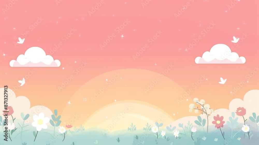 Beautiful sunrise landscape with flowers, birds, and clouds in a pastel sky. Perfect for backgrounds, illustrations, and nature themes. Beautiful sunrise landscape with flowers, birds, and clouds in a pastel sky. Perfect for backgrounds, illustrations, and nature themes.