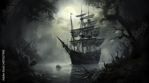 Ghostly Ship in Enchanted, Ethereal Seas of Adventure Fantasy  wallpaper photo